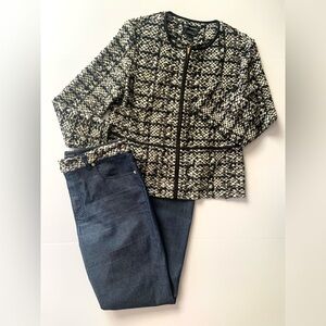 St John Tweed Jacket Pant Set Sz 10 Black White Denim Dressy Zip Casual Stretch
